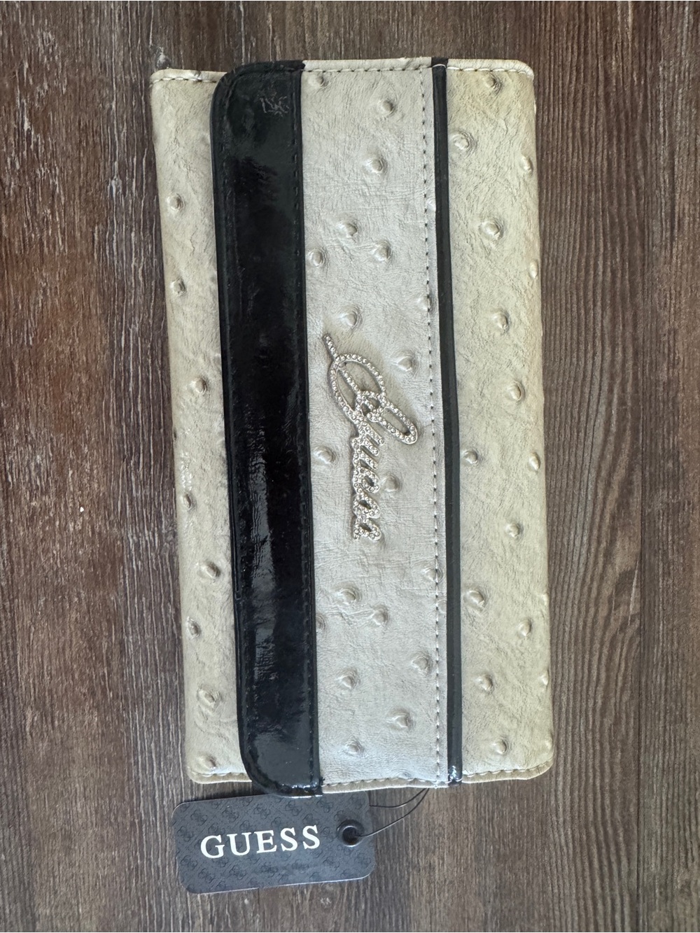 GUESS Cream Faux Ostrich Fold-Over Wallet